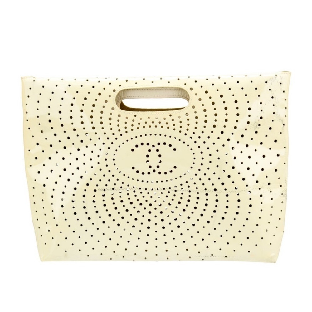 Vintage Chanel Yellow Patent Leather Clutch Perforated CC Logo 03 Karl Lagerfeld